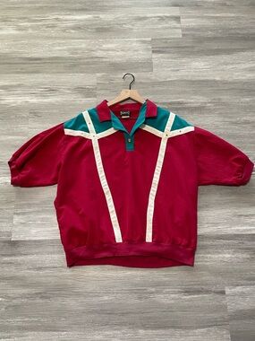 Vintage 90s Colorblock Bonworth Windbreaker Pullover Polo Red White & Teal READ